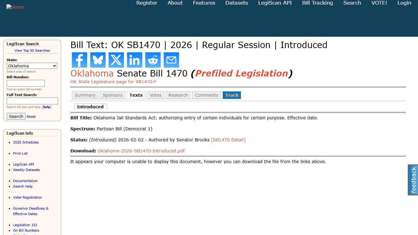 Bill Text: OK SB1470 2026 Regular Session Introduced LegiScan